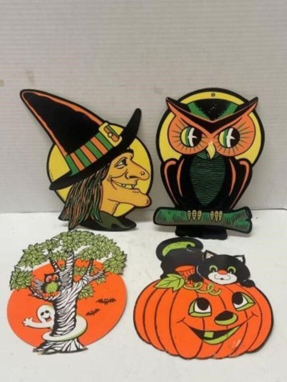 Vintage Beistle Die Cut Halloween Decorations Set of Four Witch Owl Cat Pumpkin - Picture 2 of 8